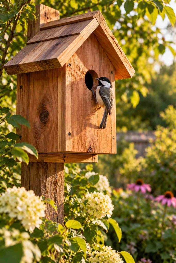 28 Budget-Friendly Outdoor Decorations DIY Garden Projects for Every Season 18 Handmade cedar birdhouse with sloped roof and round entry hole mounted on a garden post