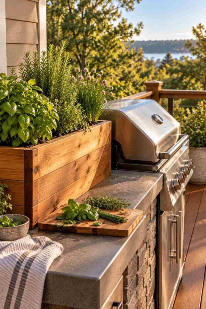 30 Outdoor Kitchen Ideas on Deck: Smart Layouts, Materials for Small, Mid-Size, and Large Spaces 8 Cedar herb planter with basil, rosemary, and chives beside a deck grill.