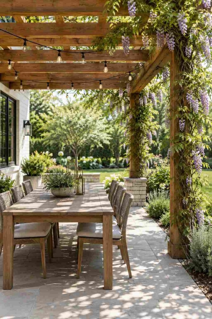 Cedar pergola with climbing wisteria shading a patio dining table