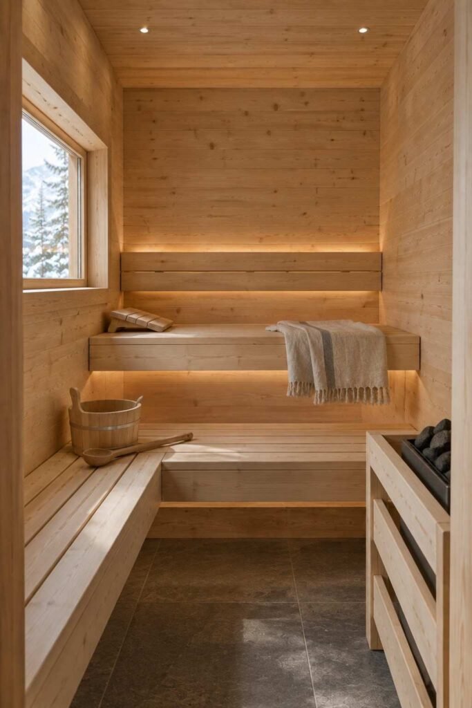 27 Scandinavian Mountain Interior Design Ideas: Ways to Create a Warm Nordic Cabin 16 Small spruce sauna nook with wooden benches in a Scandinavian home