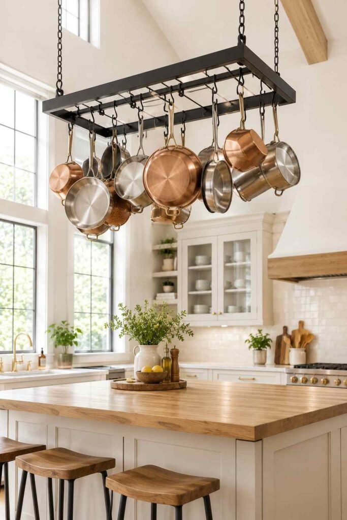 Ceiling pot rack with copper and stainless pots hanging over a kitchen island