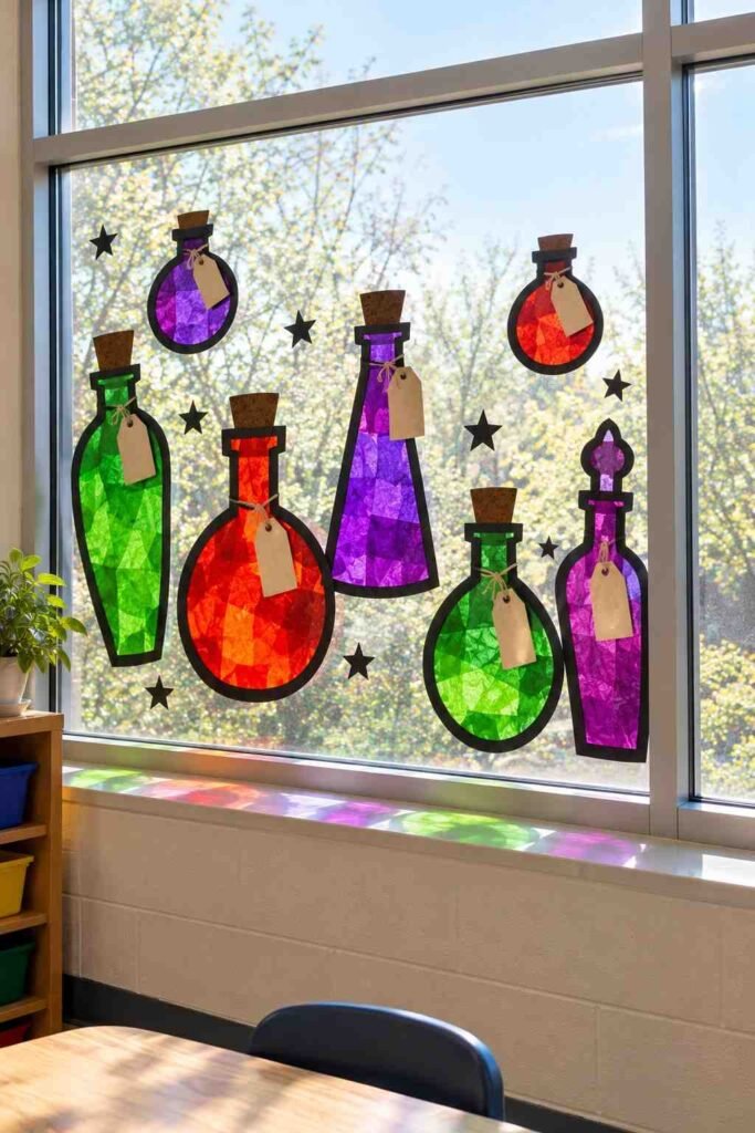 Colorful cellophane potion bottles in green, purple, and red on a school window.