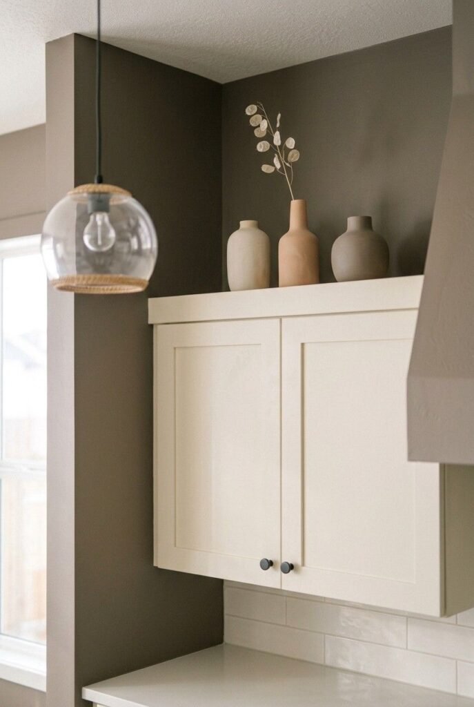 Three matte ceramic vases on neutral kitchen cabinets, with a cream, taupe