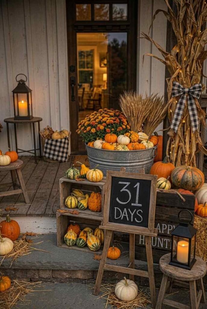 Chalkboard easel with a Halloween countdown beside a farmhouse front door.