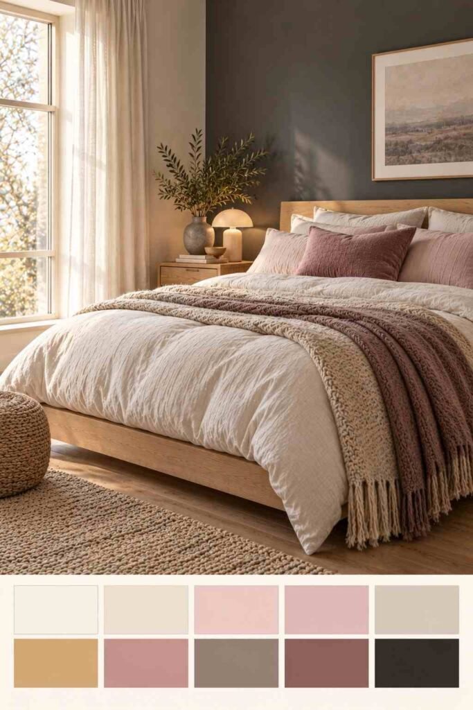 Scandinavian bedroom with a charcoal accent wall and dusty rose textiles, with a ten-color palette swatch strip below the photo