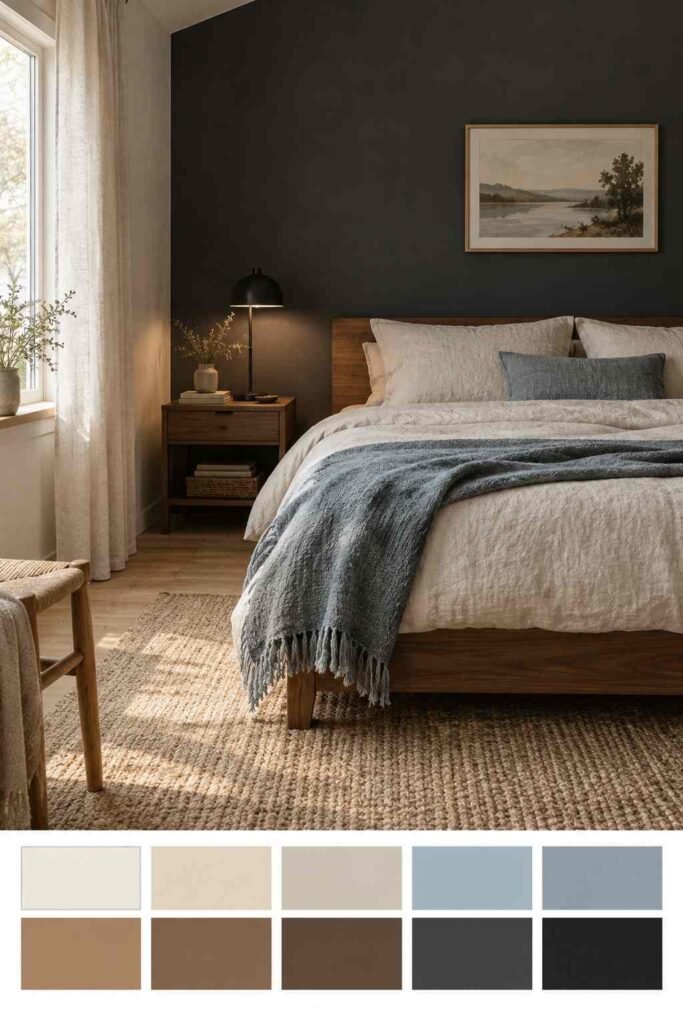 Shed bedroom with charcoal accent wall, walnut furniture, dusty blue throw, and a ten-color palette strip underneath.