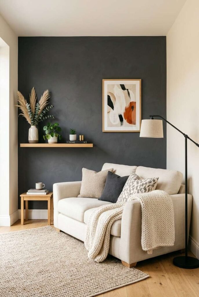 Charcoal feature wall behind a cream sofa in a Scandinavian dark living room