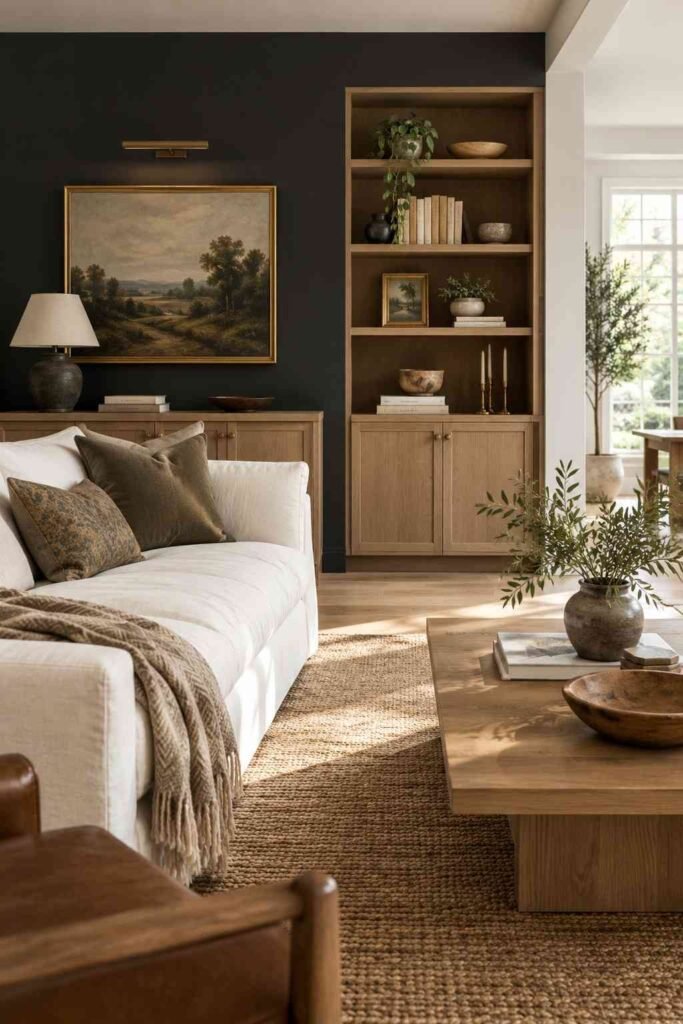 Living room with a charcoal gray feature wall, white linen sofa and light oak shelving
