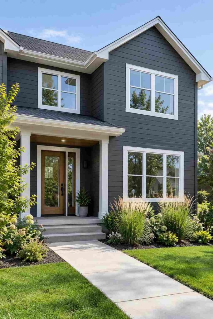Modern house with charcoal gray siding, white window frames, and ornamental grasses