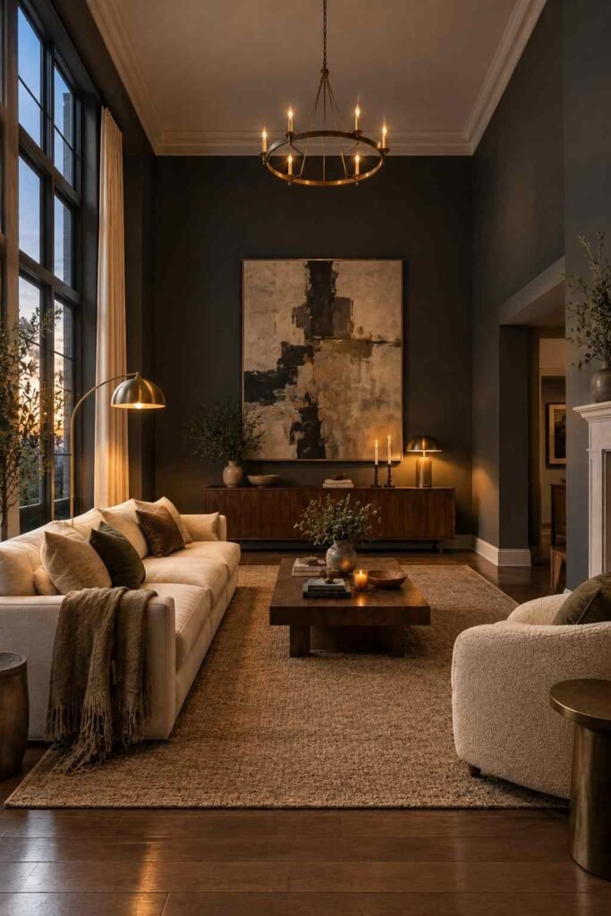28 Dark Living Room Ideas for High Ceilings That Feel Rich, Not Gloomy (Paint, Lighting & Layout) 3 Charcoal gray walls in a high-ceiling living room with brass and walnut accents