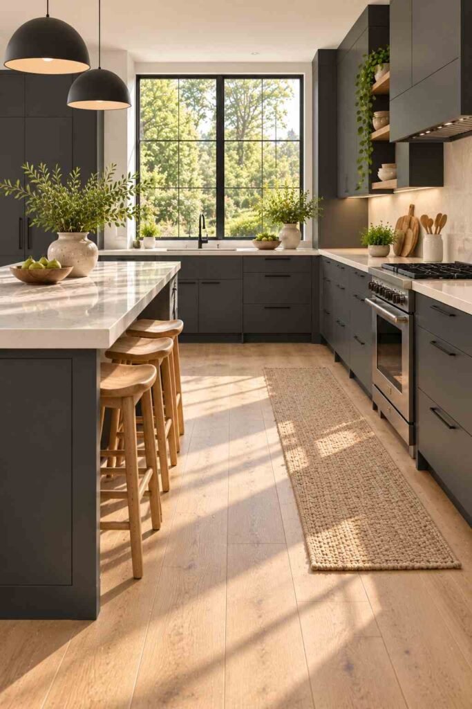 Charcoal modern kitchen cabinets with light maple wood floors