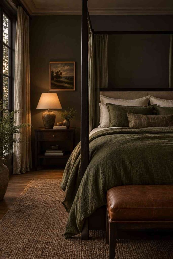 Charcoal bedroom wall with fern-green bedding and a dark wood canopy bed lit by warm lamplight