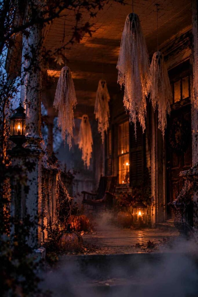 DIY cheesecloth ghosts floating from a scary Halloween porch ceiling.