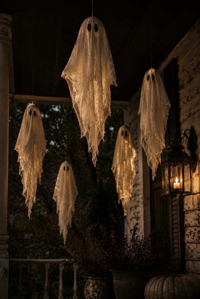 Cheesecloth ghosts hanging at varied heights from a porch ceiling at dusk