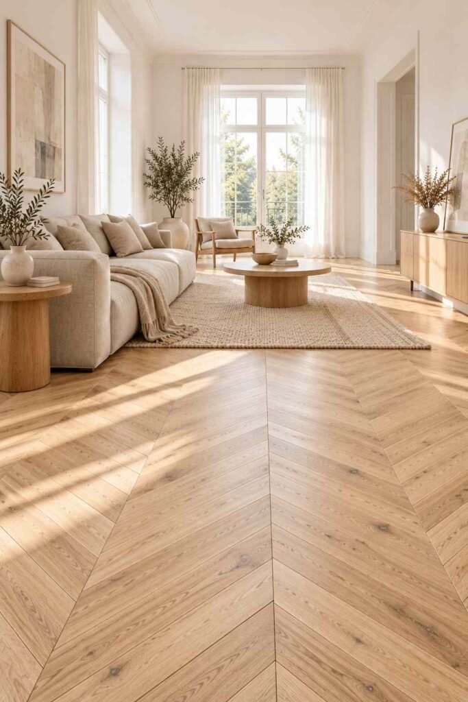 30 Scandinavian Interior Design Ideas with Wood Block Flooring for a Warm, Light-Filled Home 5 Chevron wood block flooring leading the eye across a Nordic living room