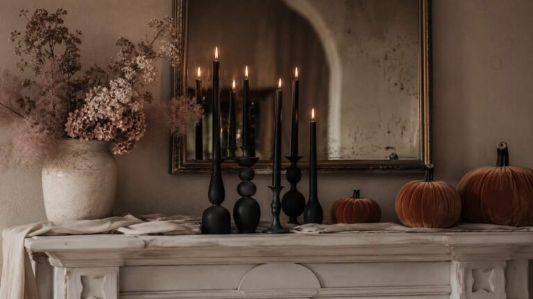 Chic Halloween aesthetic mantel with black candles, blush dried florals and muted pumpkins