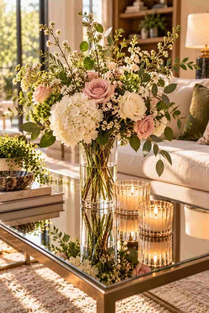 Tall vase of seasonal flowers and low candles on a rectangular mirrored table.