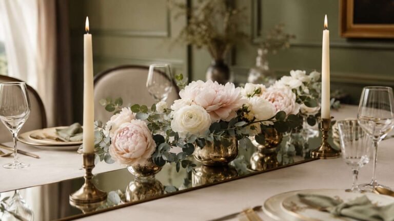 Chic mirror table decor with fresh flowers: blush peonies reflected on a mirrored runner