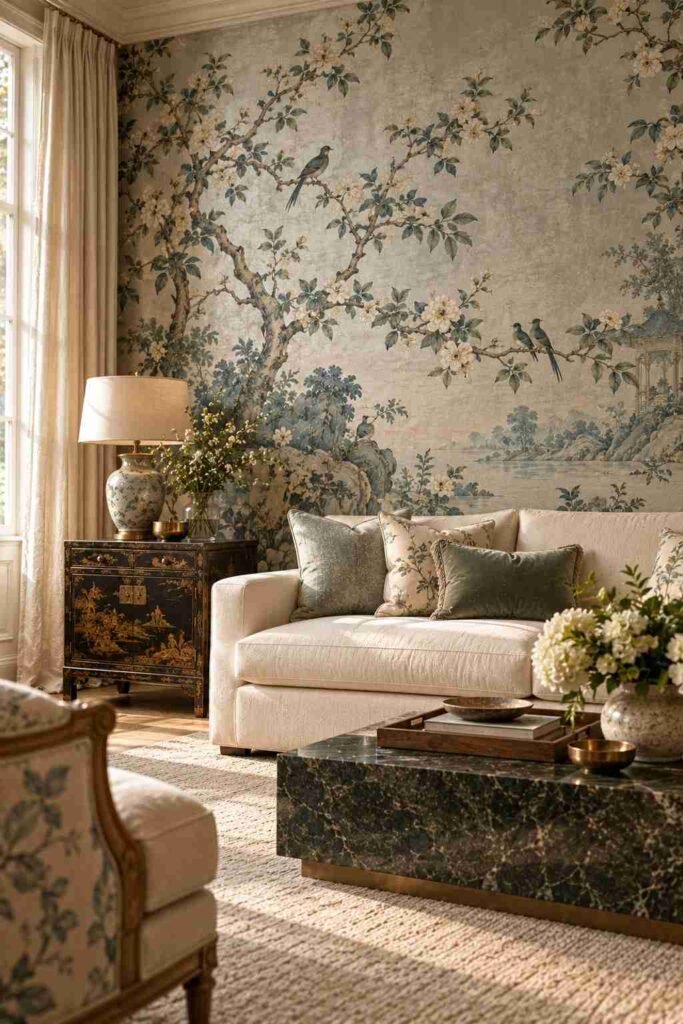 30 Luxury Wall Decor Ideas for Living Room Walls: Art, Texture, Mirrors & Lighting 12 Hand-painted chinoiserie mural wallpaper behind a cream sofa in an elegant living room.
