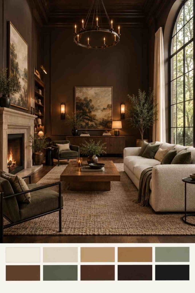28 Dark Living Room Ideas for High Ceilings That Feel Rich, Not Gloomy (Paint, Lighting & Layout) 5 Chocolate brown living room with cream sofa and sage accents, with a color palette strip of browns, cream, and green