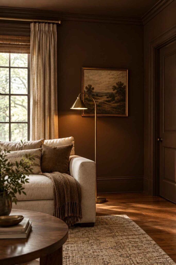 Living room color-drenched in chocolate brown on walls, trim and ceiling.