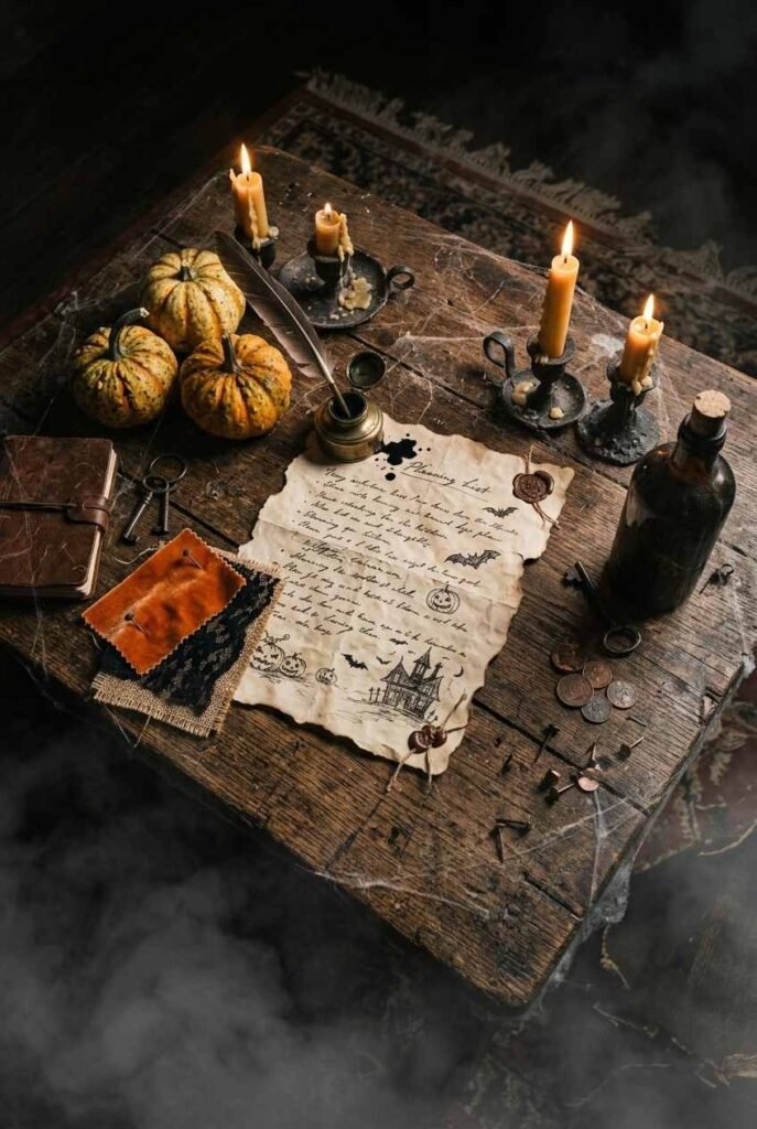 28 Spooky Halloween Theme Ideas to Make October 31 Unforgettable 2 Wooden table with candles, fabric samples and sketches used to plan a Halloween party theme.