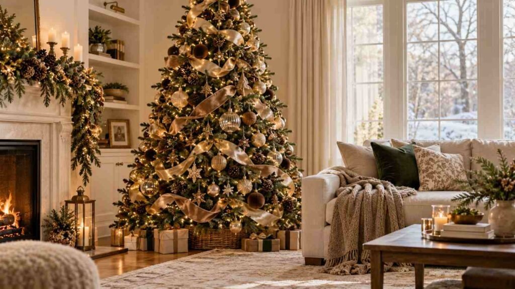 Warm neutral Christmas tree ideas for 2026 in an ivory living room