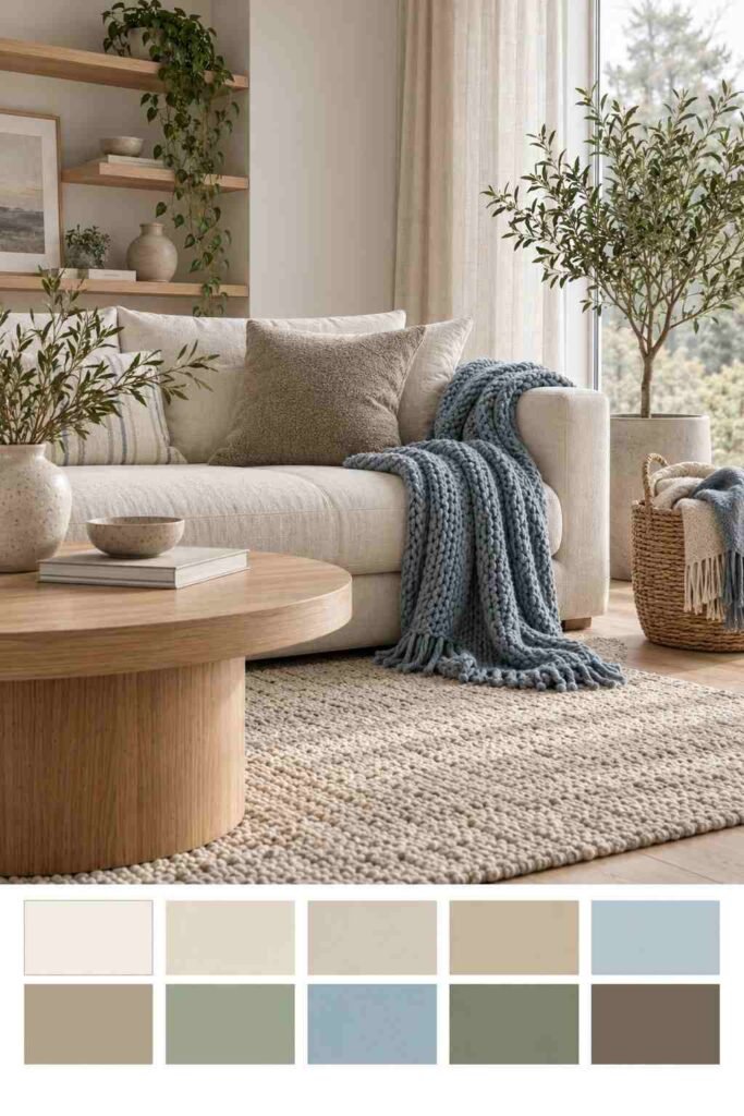Hygge living room with knit throws in dusty blue and sage above a ten-swatch color palette strip