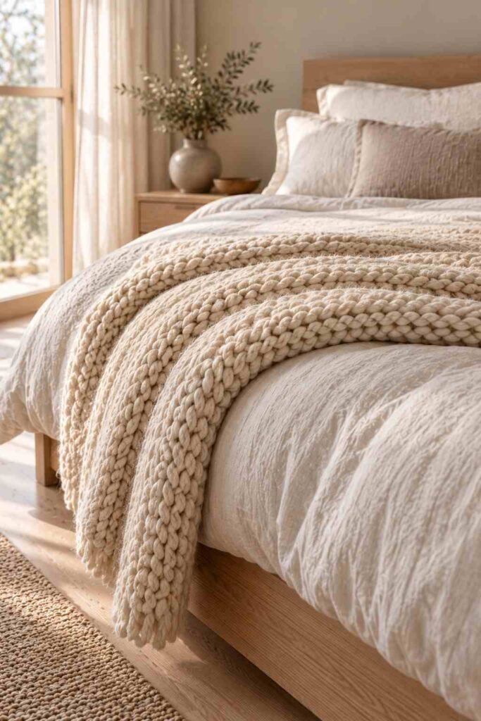 Chunky cream knit throw folded across the foot of a linen bed