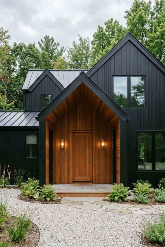 Modern black house with cedar soffits, wood door, and brass wall lights