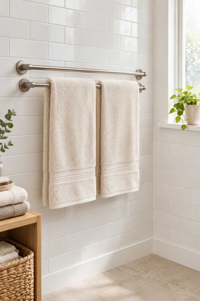 27 Bathroom Storage Ideas For Towels That Fit Into Tiny Powder Rooms to Primary Baths 3 Double towel bar on a white tile wall holding two cream towels.