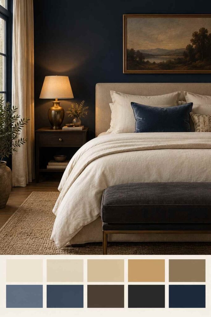 Deep navy bedroom wall with cream bedding and antique gold accents, with a ten-color palette strip below.