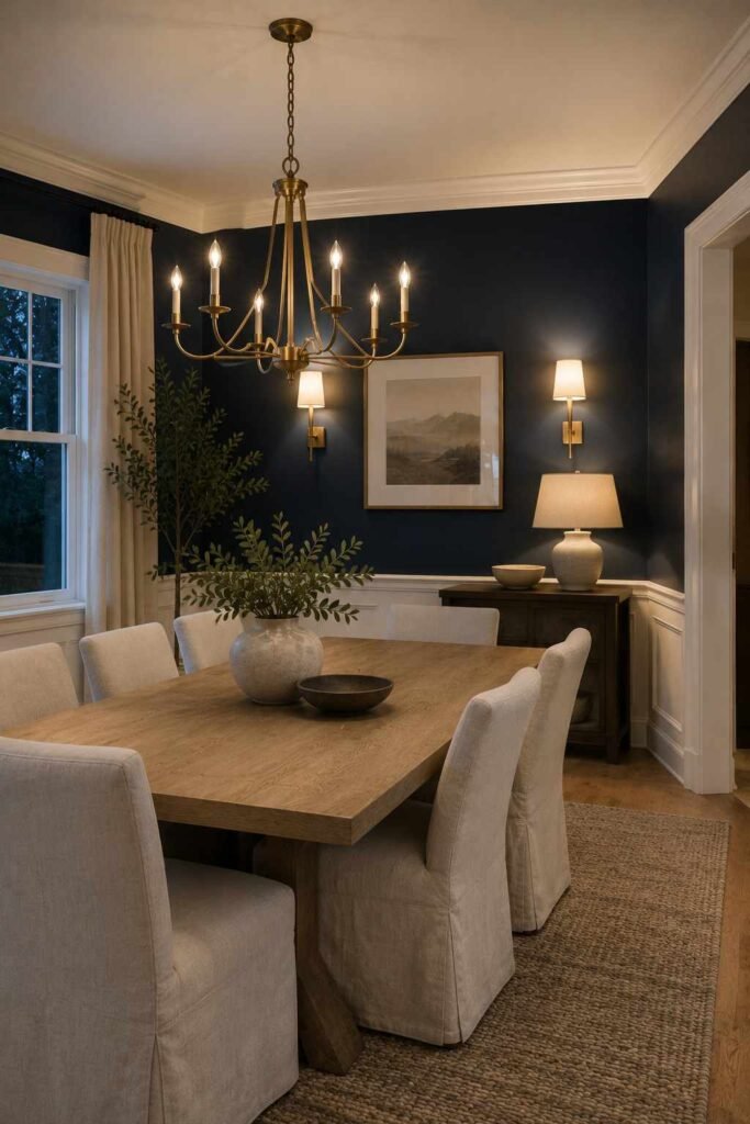 Navy dining room with white trim, brass chandelier and light oak table
