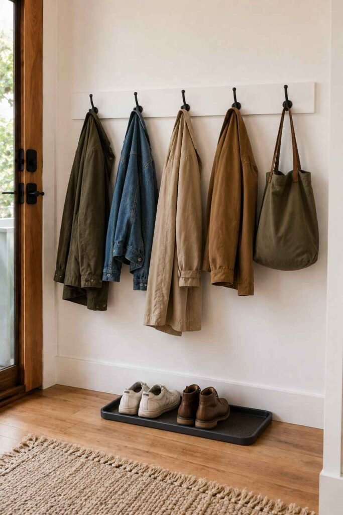 30 Smart Entryway Organization Wall Ideas: for Hooks, Shelves & Storage 5 Row of five evenly spaced black wall hooks holding coats and bags above a shoe tray