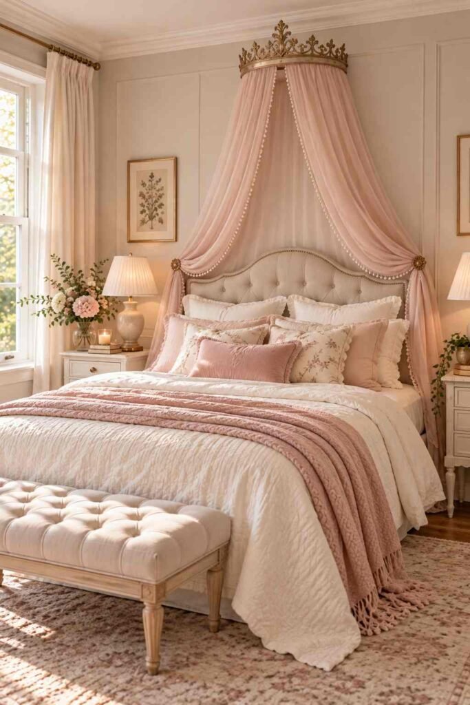 White sheer canopy bed drapes tied back at four posts