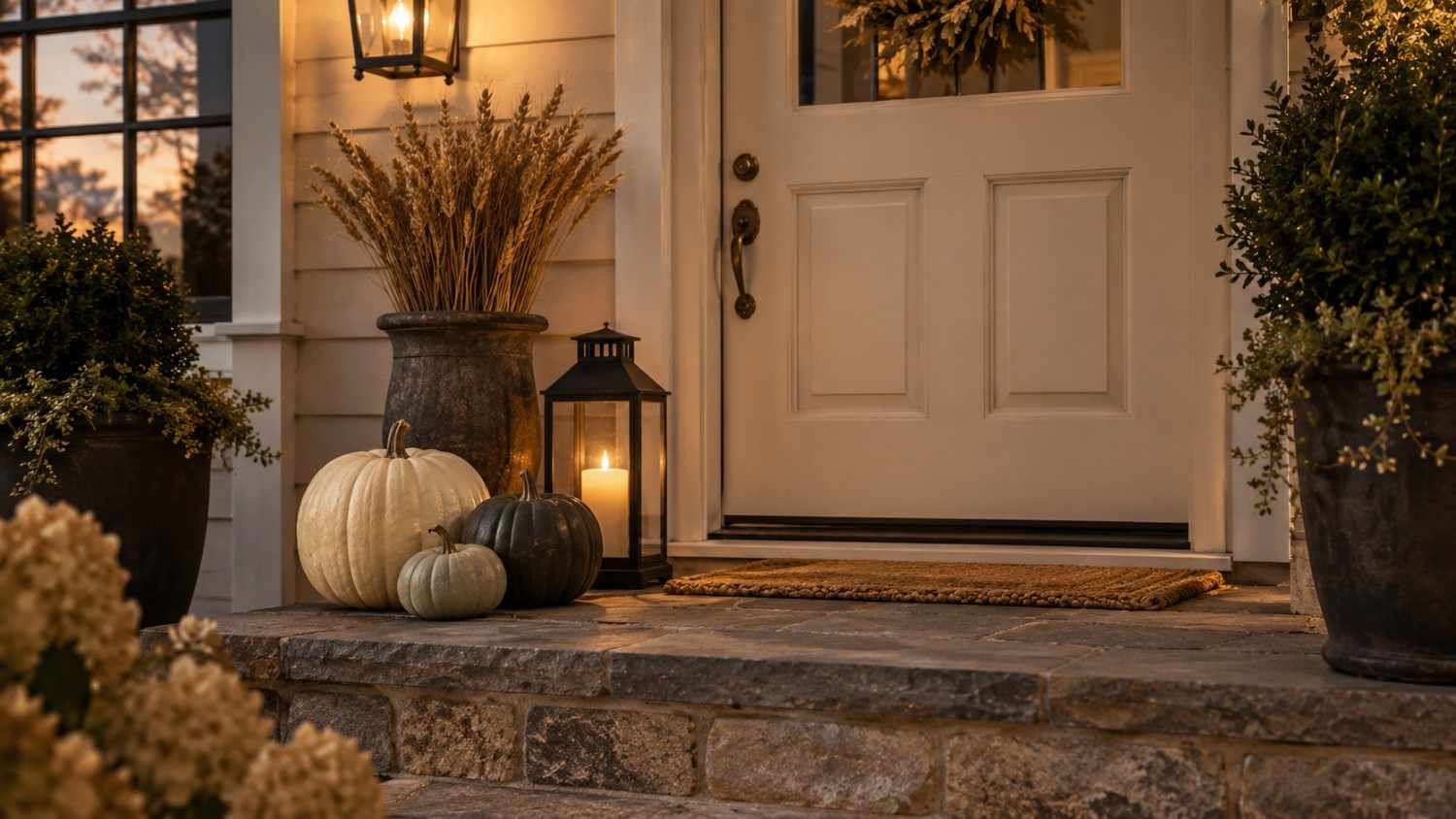 Classy Halloween Decor Ideas, porch with neutral pumpkins, brass lantern and warm light