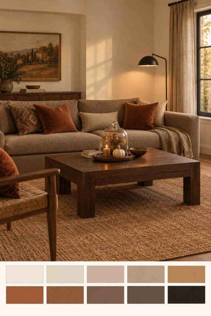 28 Classy Halloween Decor Ideas: Moody, Grown-Up for an Elegant, Stylish Home 8 Classy Halloween dining table in black, gold and burgundy with a color palette strip below the photo