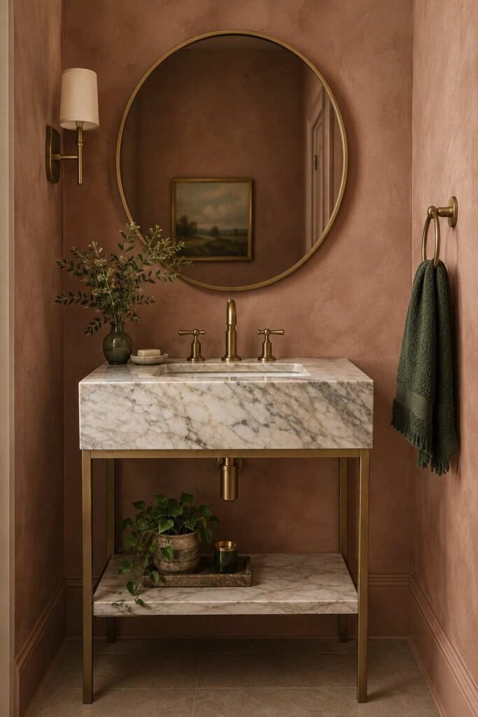 Powder room with clay pink matte walls and a round brass mirror