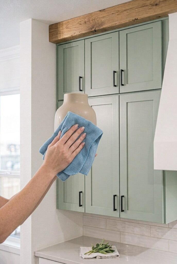Hand wiping a ceramic vase on top of a kitchen cabinet with a damp microfiber cloth.