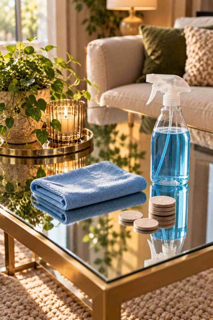 Microfiber cloth, glass cleaner and felt pads beside a clean mirrored table.