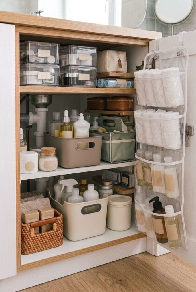 26 Bathroom Storage Ideas Under Sink for a Tidier, Roomier Vanity 16 Under-sink cleaning zone in taupe and sage bins