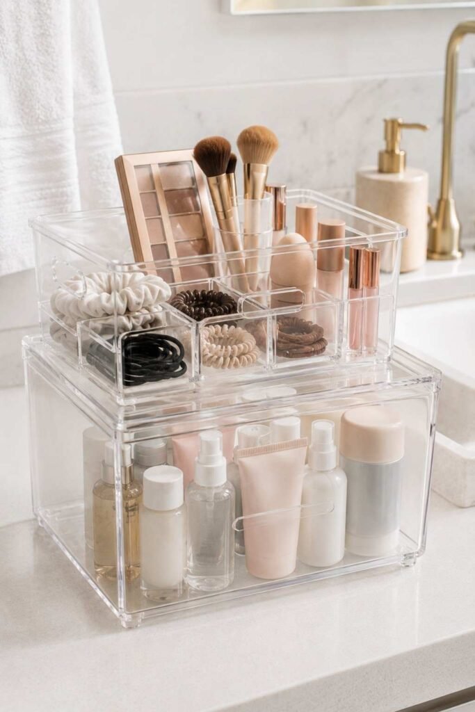 Stacked clear acrylic organizers with makeup and hair ties on a bathroom counter