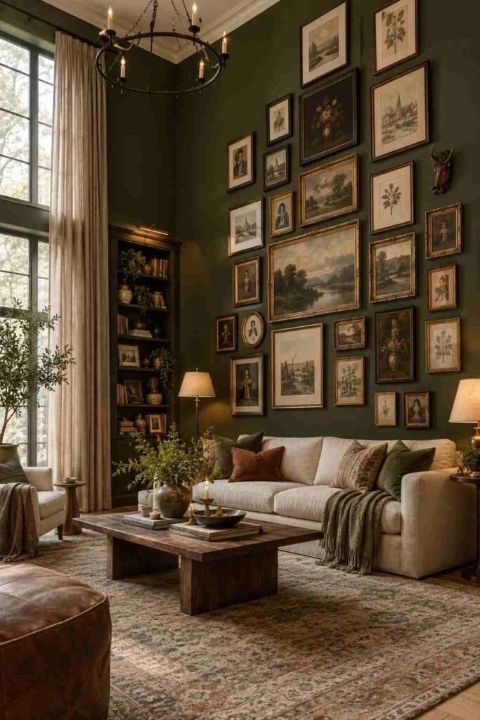 28 Dark Living Room Ideas for High Ceilings That Feel Rich, Not Gloomy (Paint, Lighting & Layout) 17 Tall gallery wall above a sofa in a high-ceiling dark living room