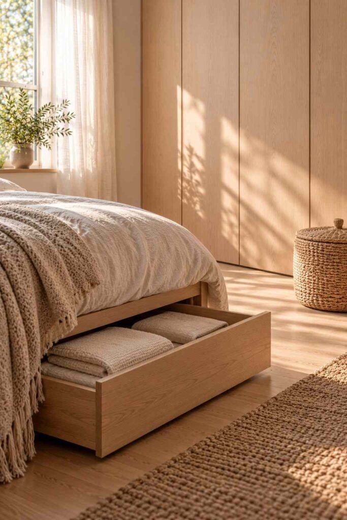 Flat-front wardrobe and lidded basket for closed storage in a Scandinavian bedroom