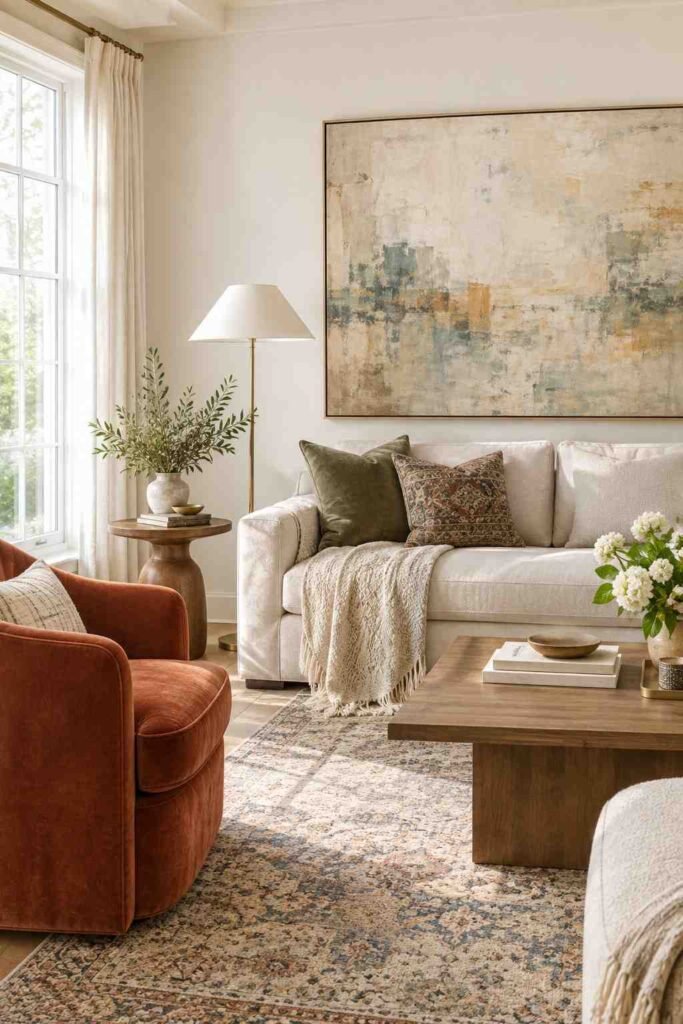 Cloud white living room with abstract art, patterned rug and rust velvet chair
