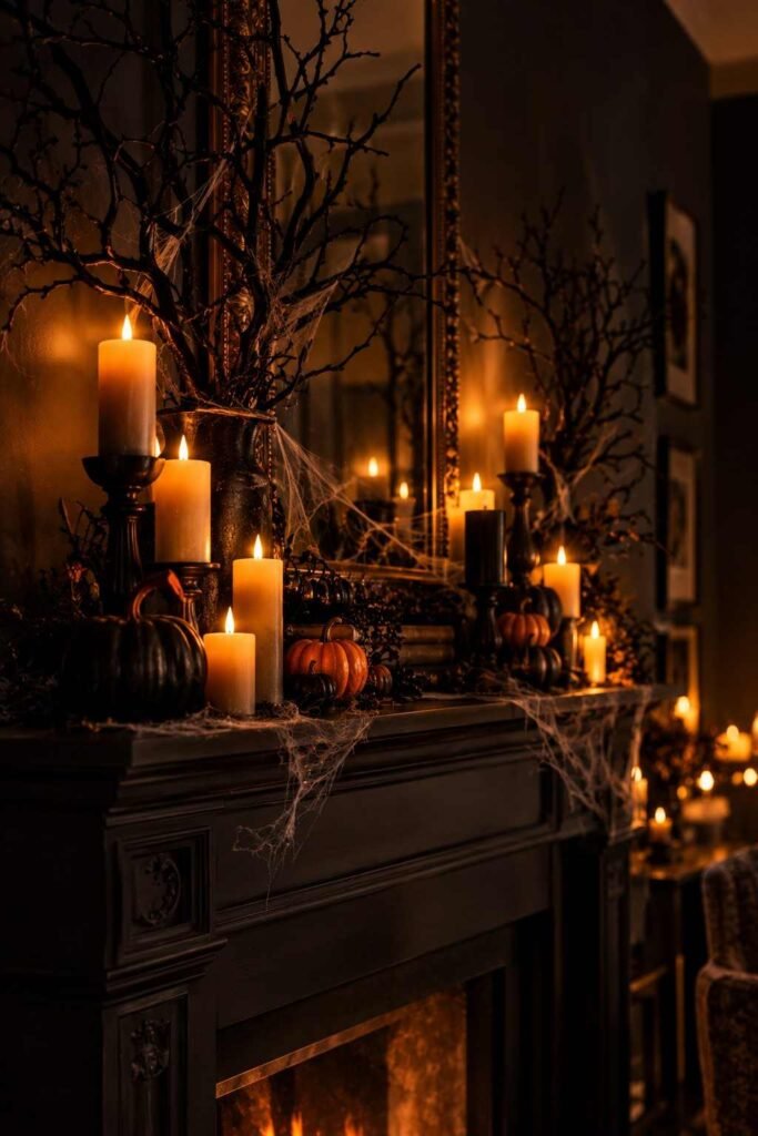 28 Halloween Party Decorations Indoor: Spooky Ideas That Transform Any Room 11 Clustered flickering LED candles on a mantel with pumpkins for indoor Halloween decorations