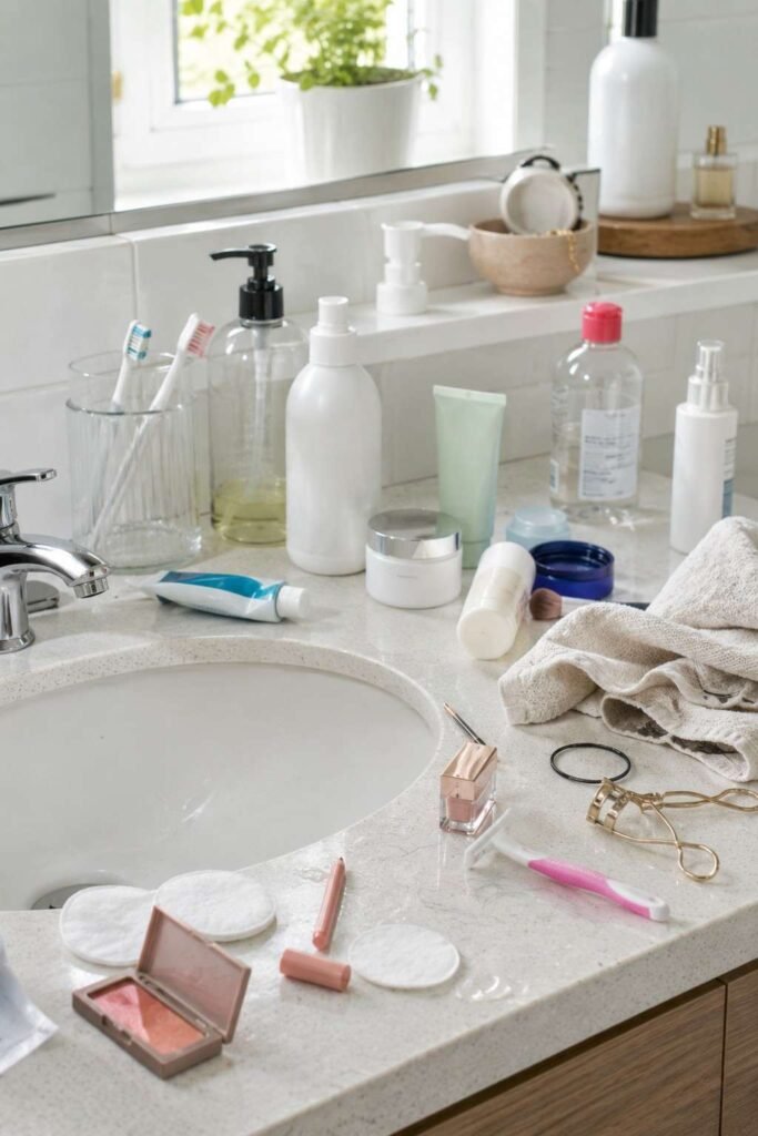 Cluttered bathroom counter with scattered bottles, razor and makeup before organizing