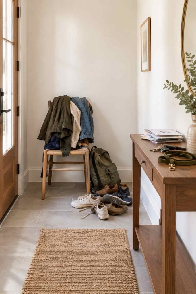 30 Smart Entryway Organization Wall Ideas: for Hooks, Shelves & Storage 2 Cluttered entryway with coats on a chair, backpack on the floor, and scattered shoes before organizing the wall