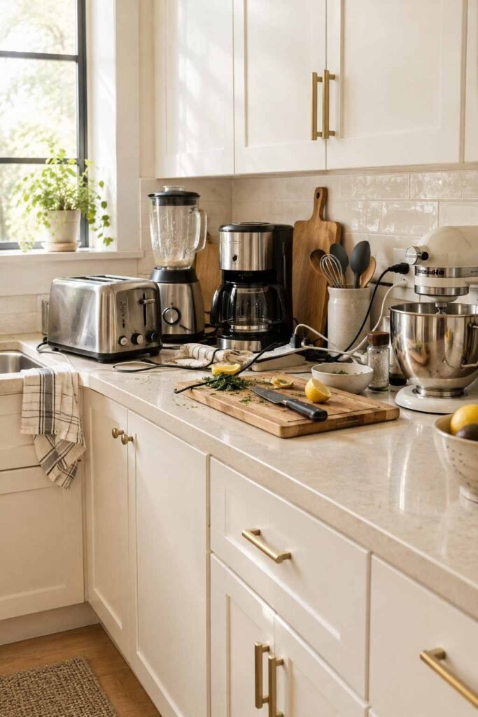 Crowded kitchen counter with toaster, blender, mixer and tangled cords