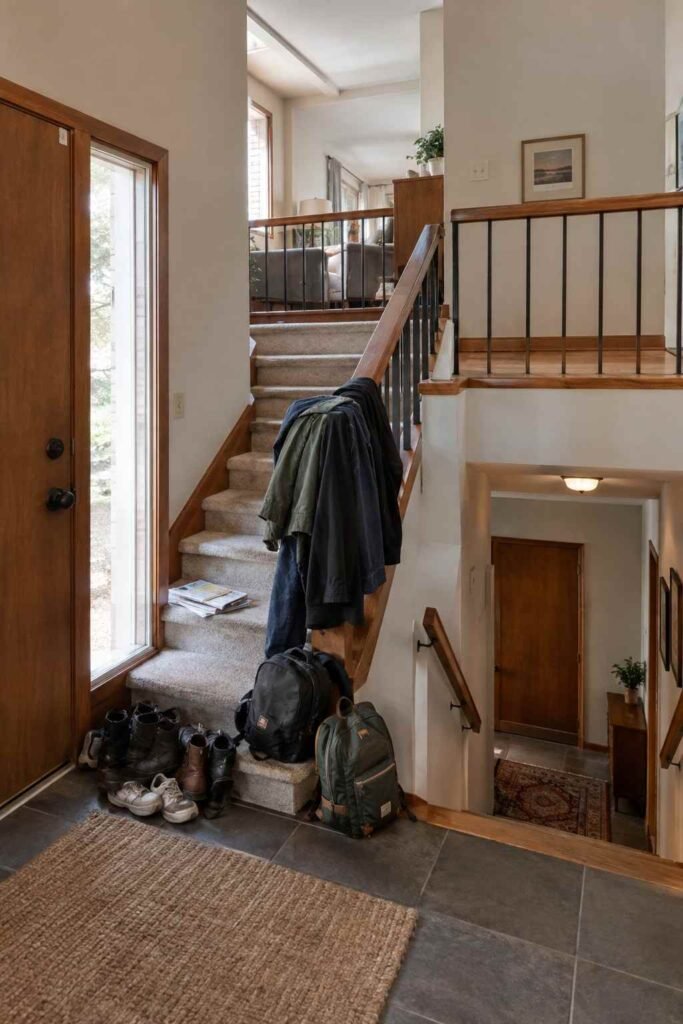 Cluttered split level entry with shoes piled by the door and jackets draped over the stair rail.